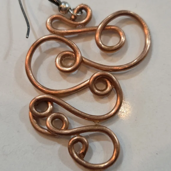 Handmade Pure Copper Boho Swirl Dangle Earrings / Artisan Wire Jewelry - Picture 2 of 4